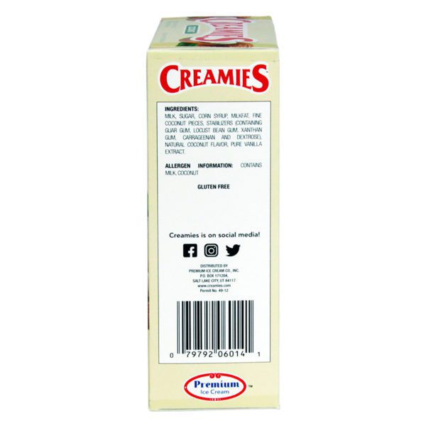 Ingredient list for Creamies coconut ice cream bar